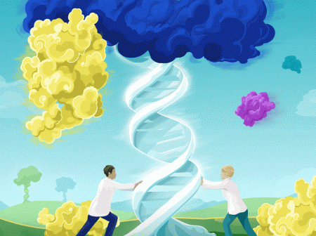 A whimsical, colorful illustration depicts a tree made up of DNA strands with a cytokine protein hanging off of a branch. Two scientists in white lab coats are shaking the tree trunk, trying to get the protein to release from the DNA tree. In the background there are rolling hills with other DNA trees on them, and cytokine proteins hovering in the sky.