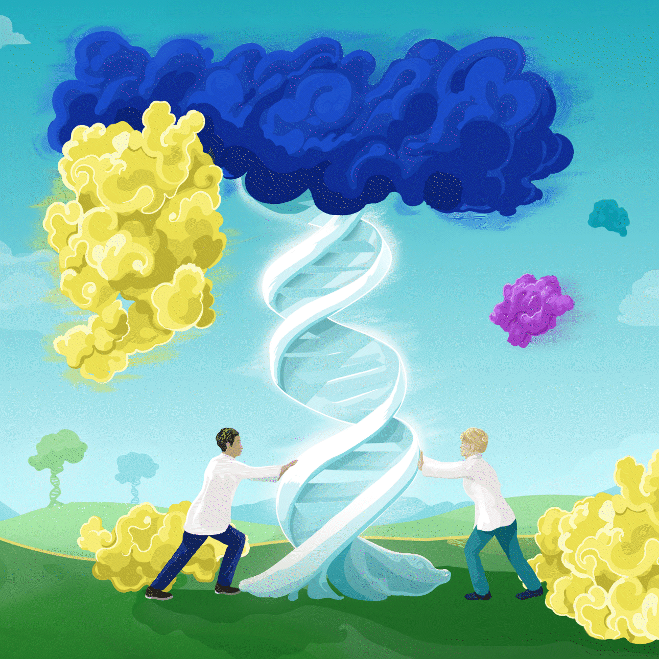 A whimsical, colorful illustration depicts a tree made up of DNA strands with a cytokine protein hanging off of a branch. Two scientists in white lab coats are shaking the tree trunk, trying to get the protein to release from the DNA tree. In the background there are rolling hills with other DNA trees on them, and cytokine proteins hovering in the sky.