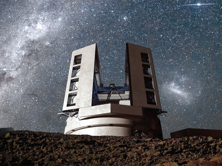 The Giant Magellan Telescope stands tall in Chile’s Atacama Desert, surrounded by a sky full of stars. 