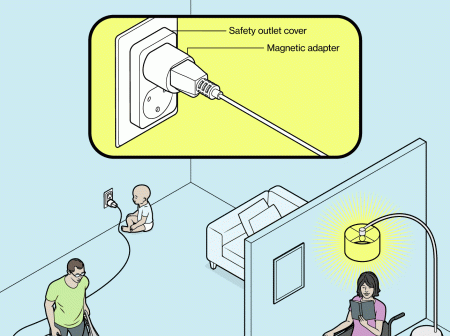 The illustration shows a close-up of the Tego wall adapter components and how the adapter works. Additional elements in the illustration show a young child looking at a wall outlet. A vacuum cleaner is plugged into the outlet via a Tego outlet adapter. A man is running the vacuum. On the other side of a wall, a woman in a wheelchair is using a Tego adapter to plug in and turn on a light. She is holding a book.   