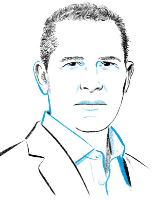 An illustrated headshot of Adam Karr, drawn in blue and black lines.