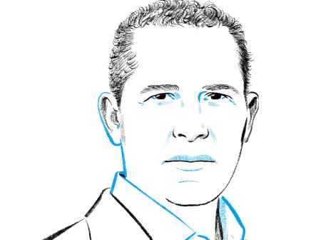 An illustrated headshot of Adam Karr, drawn in blue and black lines.
