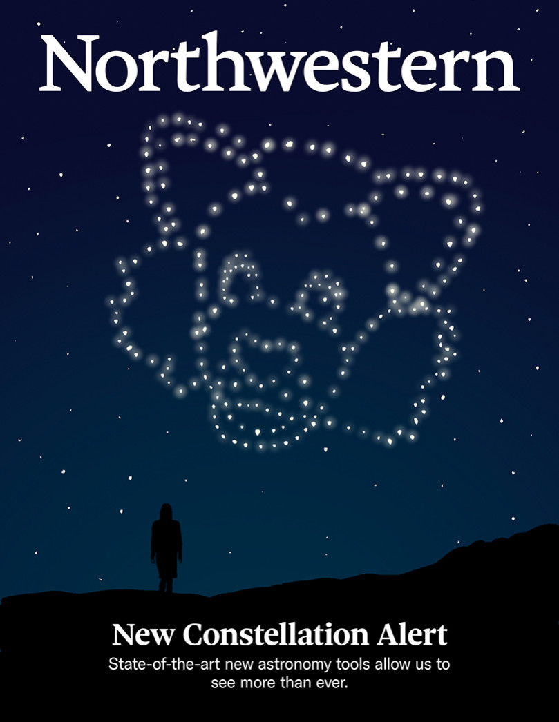 A large constellation in a night sky shows Willie the wildcat as a silhouette gazes up at him.