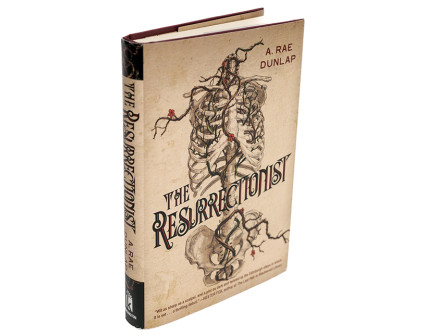 A tan book cover with a sketch of the human skeletal system overlayed by the title, The Resurrectionist.