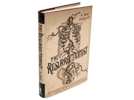 A tan book cover with a sketch of the human skeletal system overlayed by the title, The Resurrectionist.