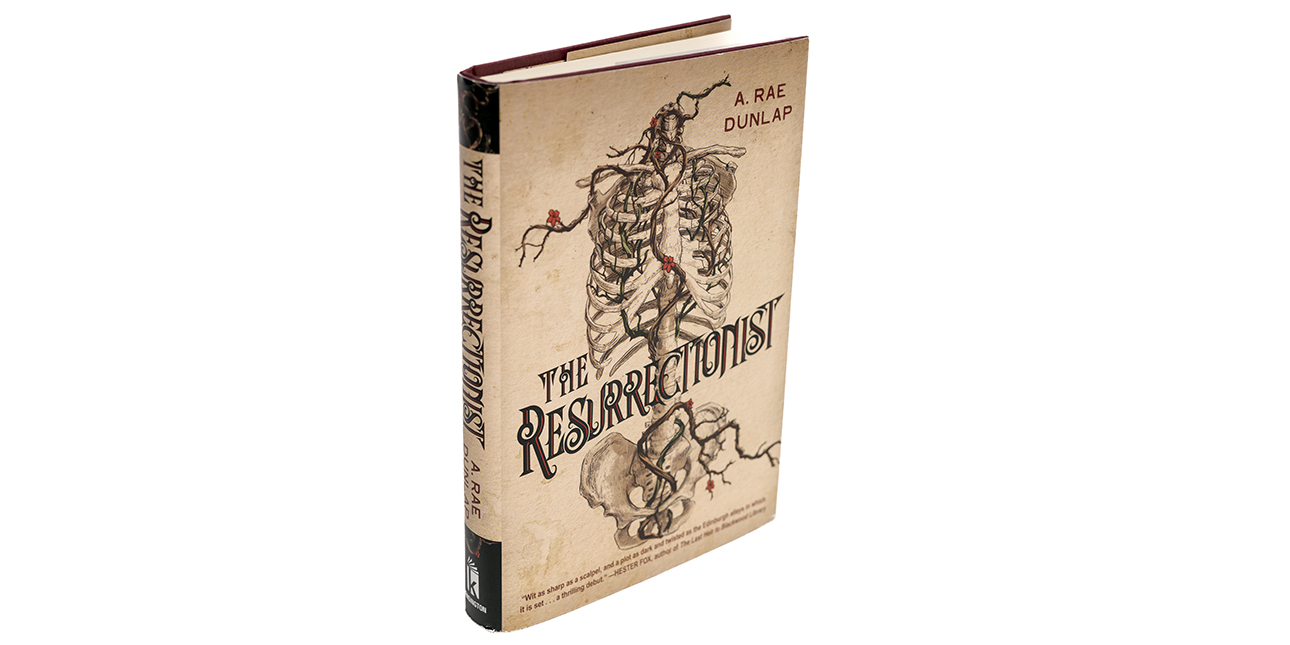 A tan book cover with a sketch of the human skeletal system overlayed by the title, The Resurrectionist.