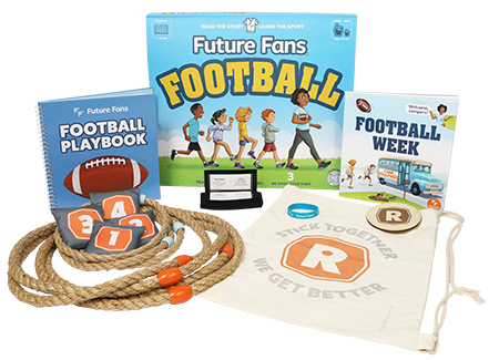 The contents of a Future Fans Football activity box, including a football playbook and a beanbag toss game, among other items.