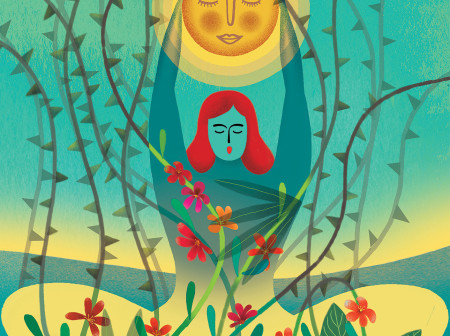 A primarily blue-green and yellow illustration of a woman sitting cross-legged with her eyes closed while she reaches upward, holding up a sun. Surrounding the woman are thorns, but inside her body are flowers and green leaves.