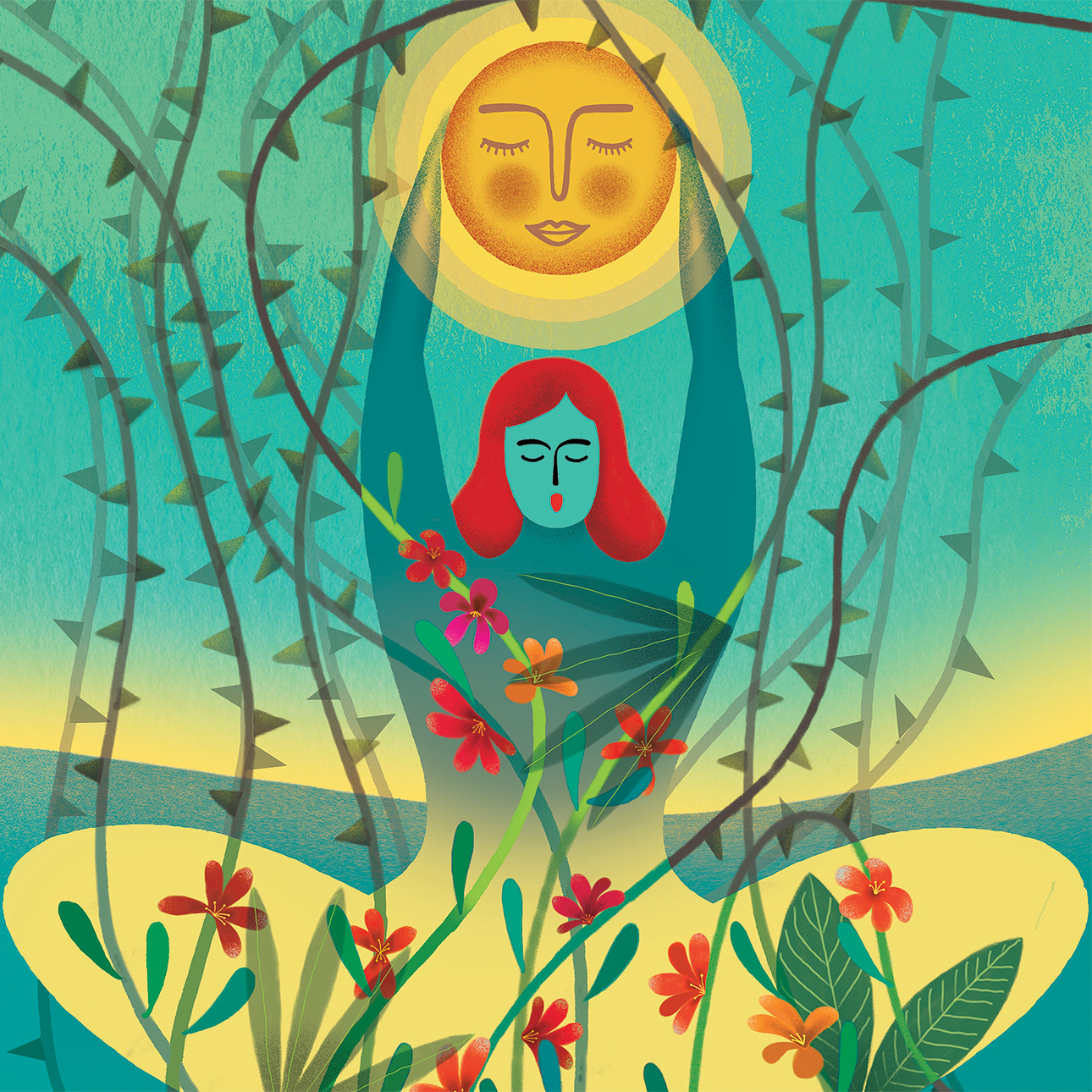 A primarily blue-green and yellow illustration of a woman sitting cross-legged with her eyes closed while she reaches upward, holding up a sun. Surrounding the woman are thorns, but inside her body are flowers and green leaves.