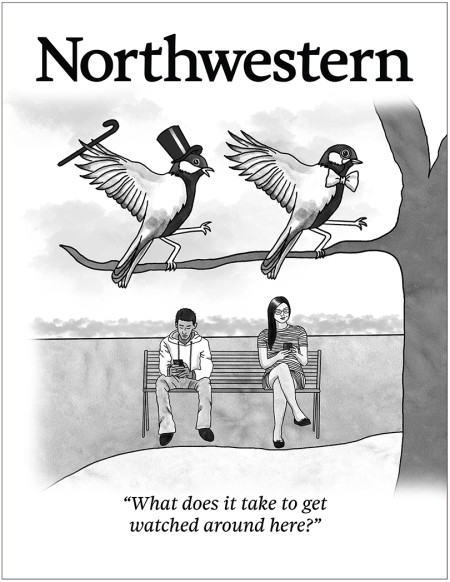 Black and white illustration of two birds in a top hat and a bowtie dance on a branch while two students on a bench look at their phones, oblivious to the birds.