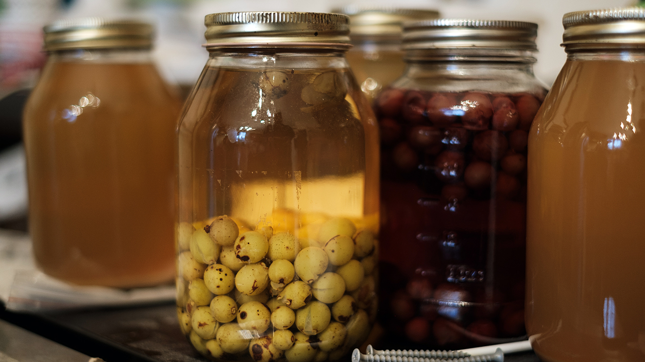 Jars of preserved fruits sit on a shelf.