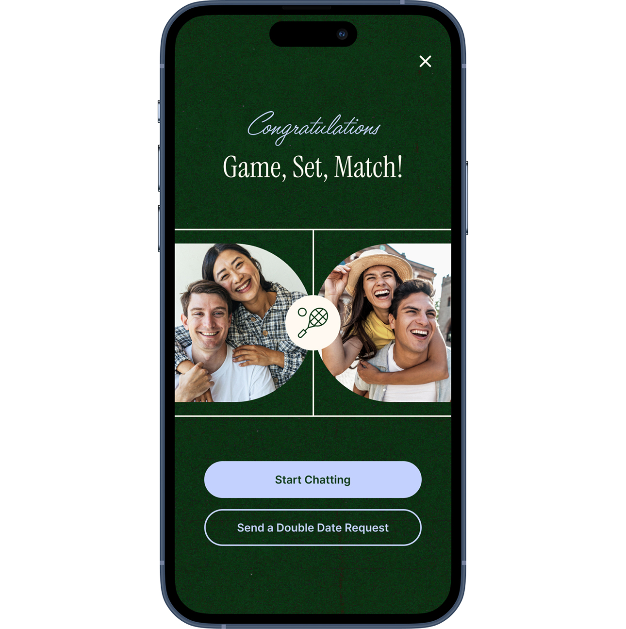 A phone screen showing the Doubles Social app interface