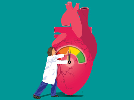 An illustration of Sadiya Khan in a doctor’s coat pushing a meter on a giant heart.