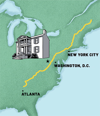 A drawn map of the United States’ East Coast, with a line representing the Appalachian Trail that runs from Georgia up through Maine. There are bullet-point markers indicating where Atlanta, Washington, D.C., and New York City are, in addition to a star marking where Mountain Home is located along the trail. Next to the star marker is an illustration of Mountain Home.