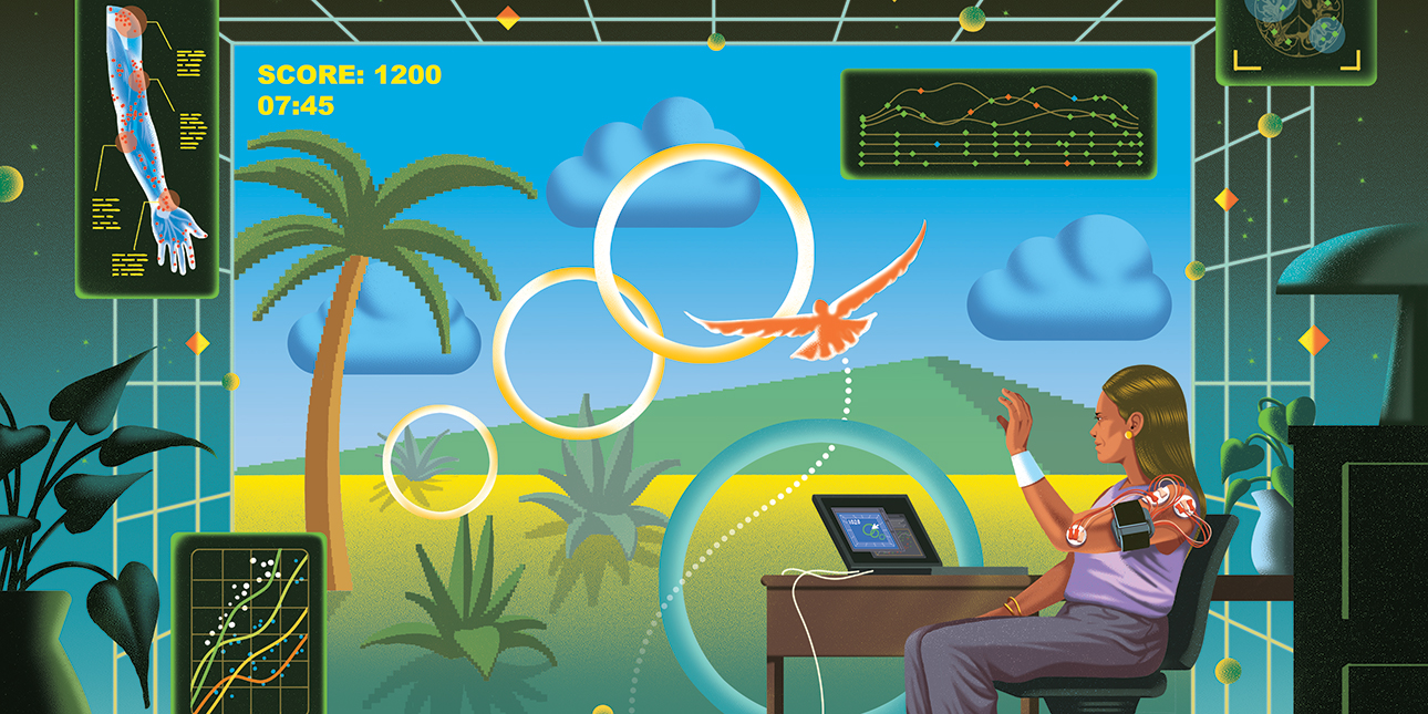A brightly colored illustration of a woman sitting at a laptop surrounded by a palm tree, plants, clouds, an orange bird mid-flight and various inset tech-related screens.