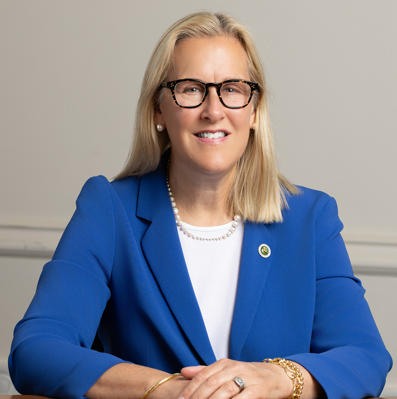 Mayor Nancy Rotering sits at a table wearing a blue jacket and smiling with her hands folded.