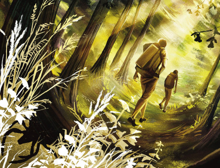 An illustration of two hikers walking away from the viewer through the woods. A sun beam shines on them and the trees around them curve inward, forming the outline of a tick’s body. In the bottom-left corner of the illustration are the tick’s head and legs.