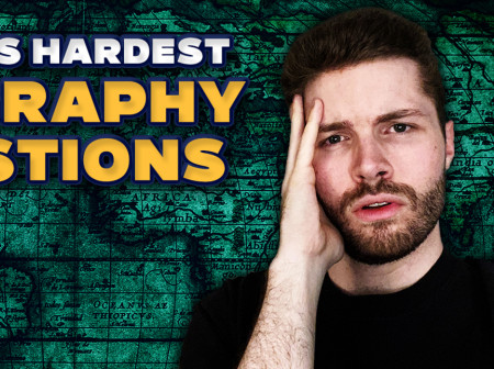 Jake Lyons rests his head in his hand in distress against a backdrop of a green map and compass.