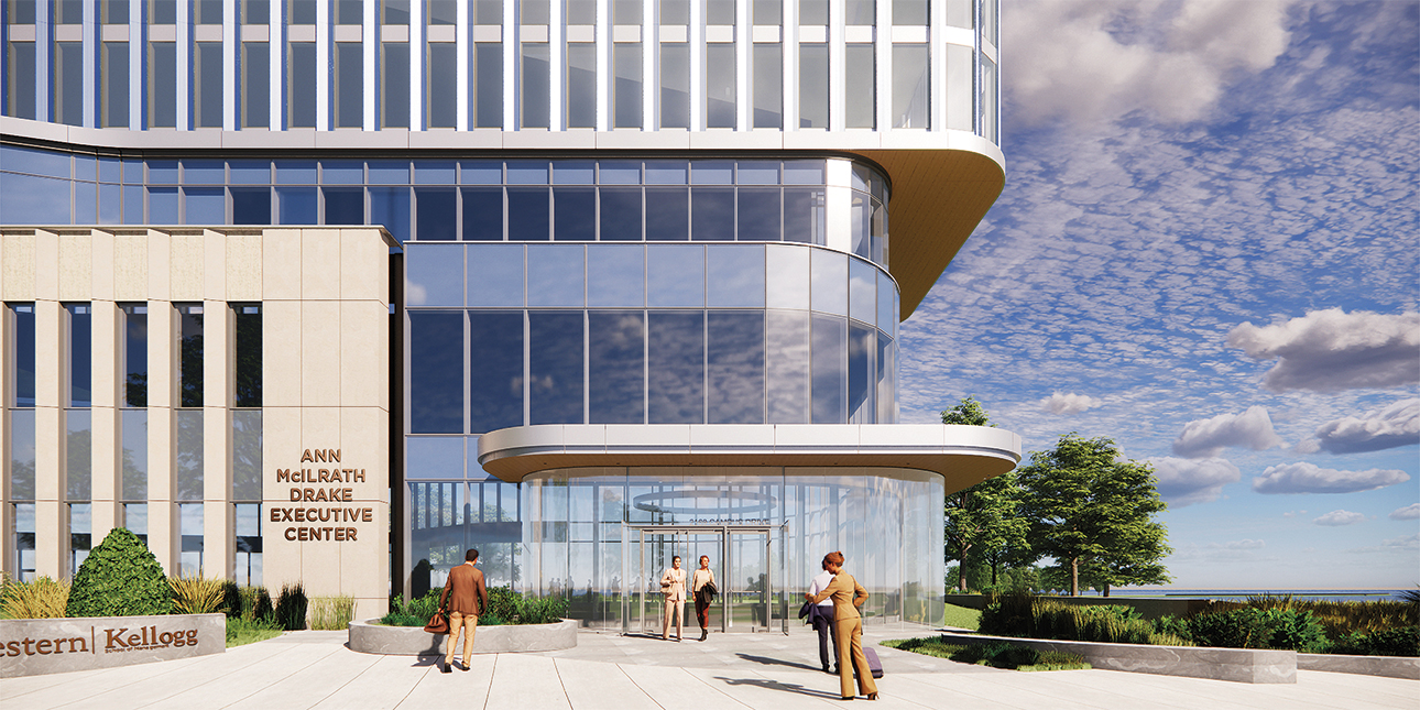A glass building with a tan front that reads “Ann McIlrath Drake Executive Center.”