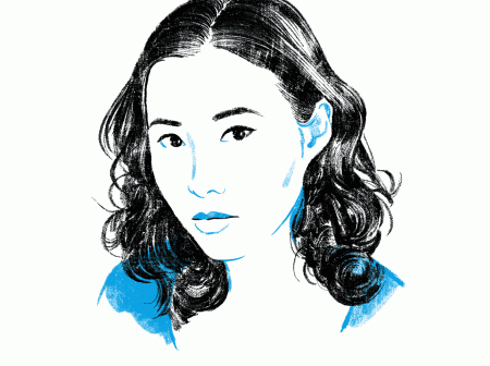 A white, blue and black illustration of Rita Chang-Eppig from the neck up
