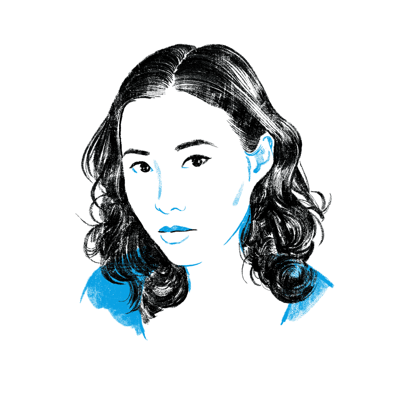 A white, blue and black illustration of Rita Chang-Eppig from the neck up