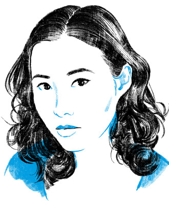 A white, blue and black illustration of Rita Chang-Eppig from the neck up