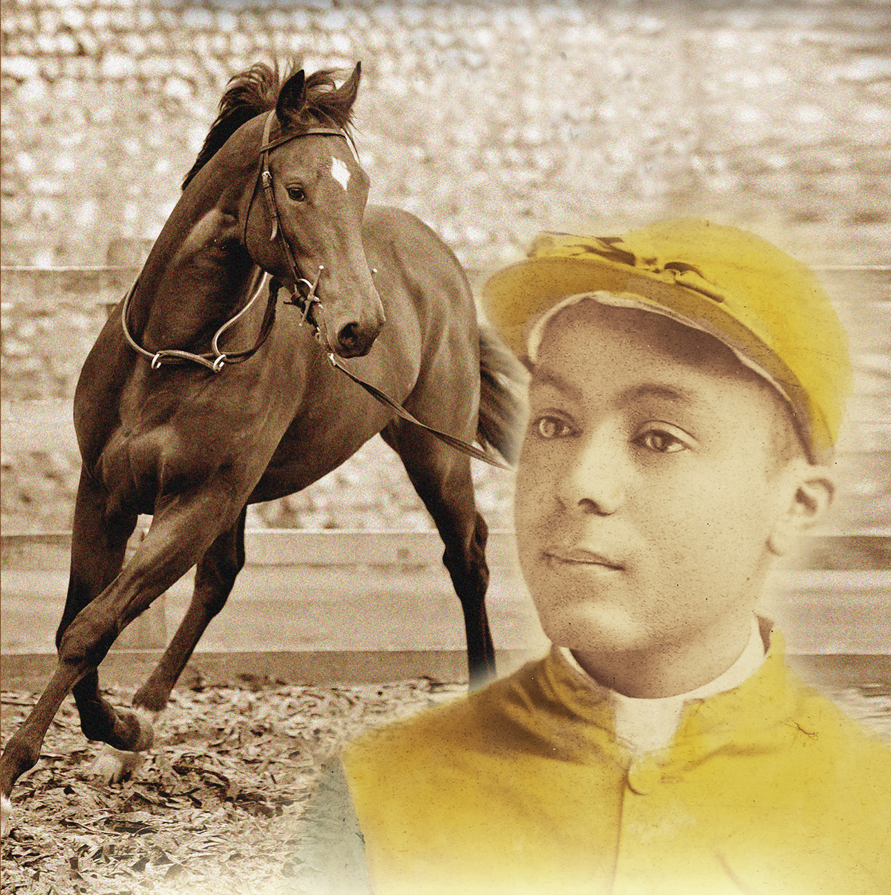 A jockey in a yellow hat and uniform looks into the distance while a brown horse trots in the background.