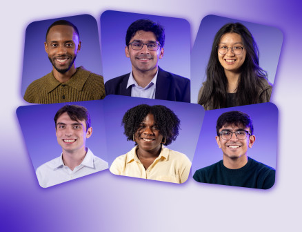 Headshots of four men and two women in front of a purple gradient background. 