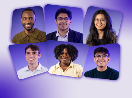 Headshots of four men and two women in front of a purple gradient background.