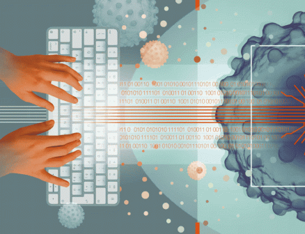 Animated illustration of hands typing on a white keyboard to the left of a 2D square with a single molecule inside. Orange lines connect the keyboard to the molecule and the lines fan out inside the molecule.