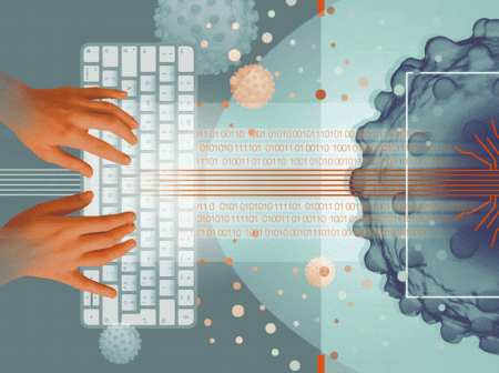Animated illustration of hands typing on a white keyboard to the left of a 2D square with a single molecule inside. Orange lines connect the keyboard to the molecule and the lines fan out inside the molecule.