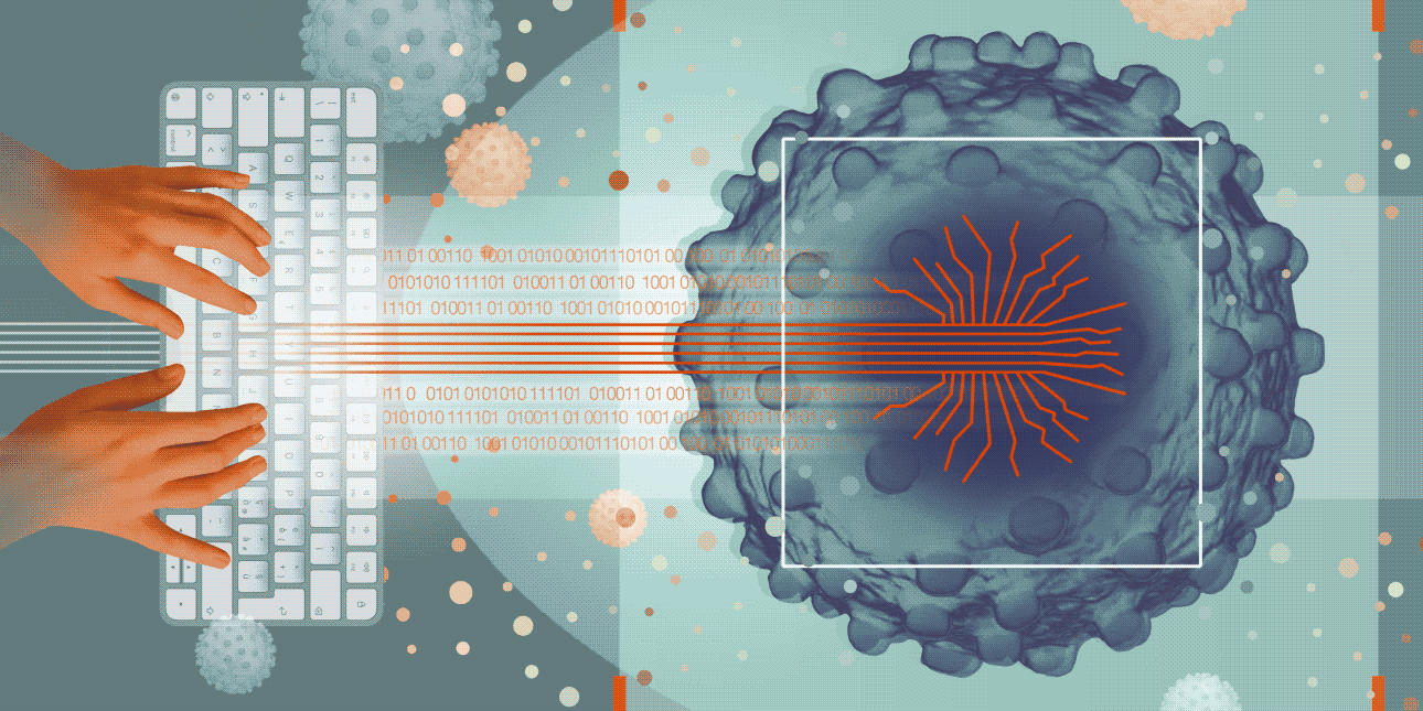 Animated illustration of hands typing on a white keyboard to the left of a 2D square with a single molecule inside. Orange lines connect the keyboard to the molecule and the lines fan out inside the molecule.