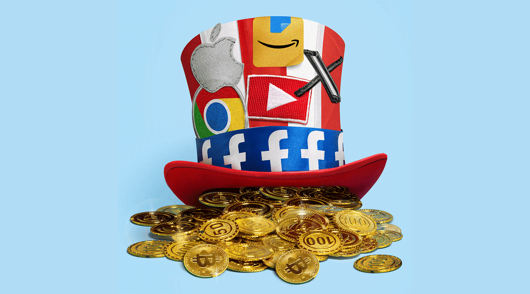 A red-and-white striped top hat in the style of Uncle Sam is covered in tech logos including Google, Apple, Amazon, YouTube, X and Facebook. The hat sits atop a pile of gold bitcoins.