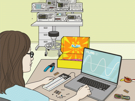 An illustration of a woman sitting in front of a laptop and various electronic components. A large electronic dashboard sits on a table in the background.