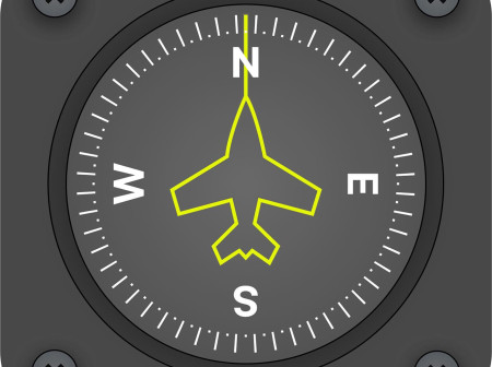 A black app button showing a compass with a yellow outline of a plane as the orientation indicator.