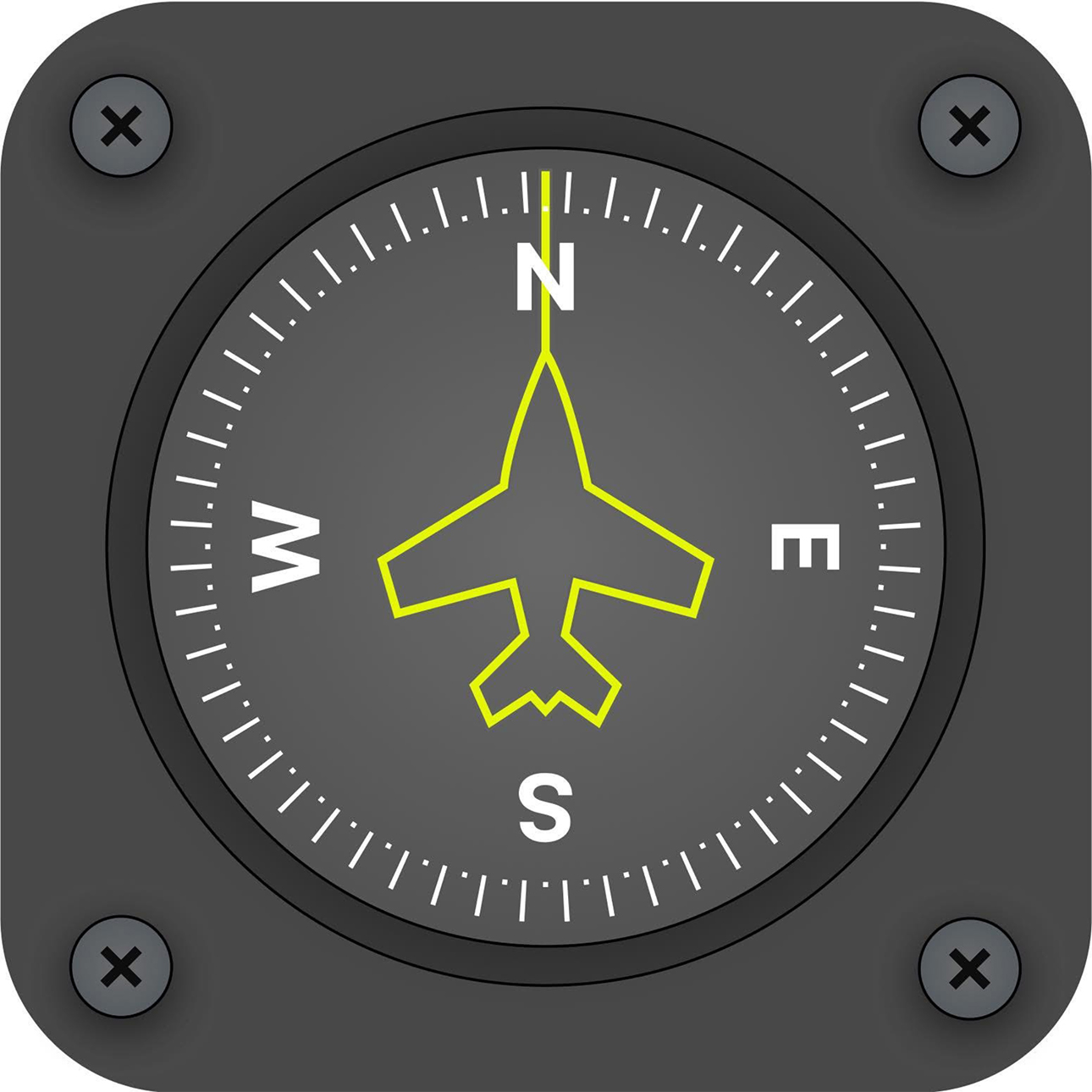 A black app button showing a compass with a yellow outline of a plane as the orientation indicator.