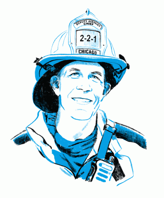 A drawn illustration of a smiling Chris Serb from the chest up wearing a Chicago firefighter’s uniform and hat.