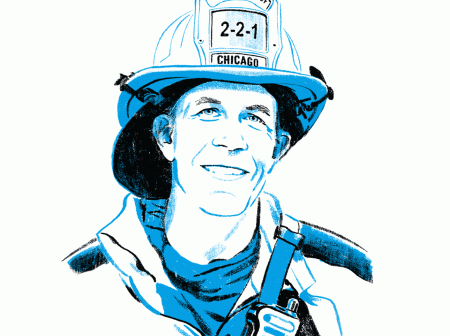 A drawn illustration of a smiling Chris Serb from the chest up wearing a Chicago firefighter’s uniform and hat.