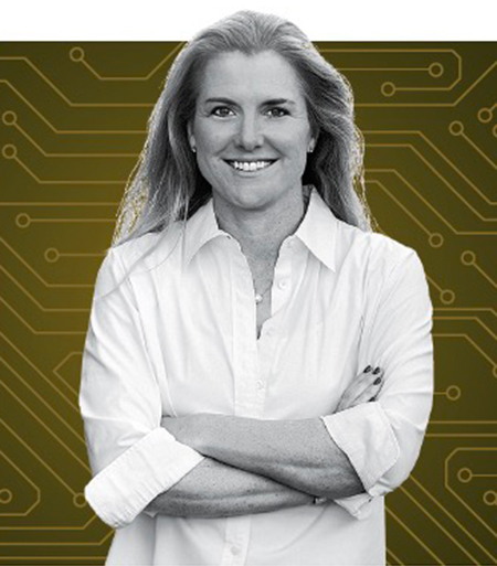 A cut-out black-and-white photo of Margaret O’Mara who is smiling at the camera with her arms crossed. Her photo is set against a gold tinted background illustration of an electronic circuit board.