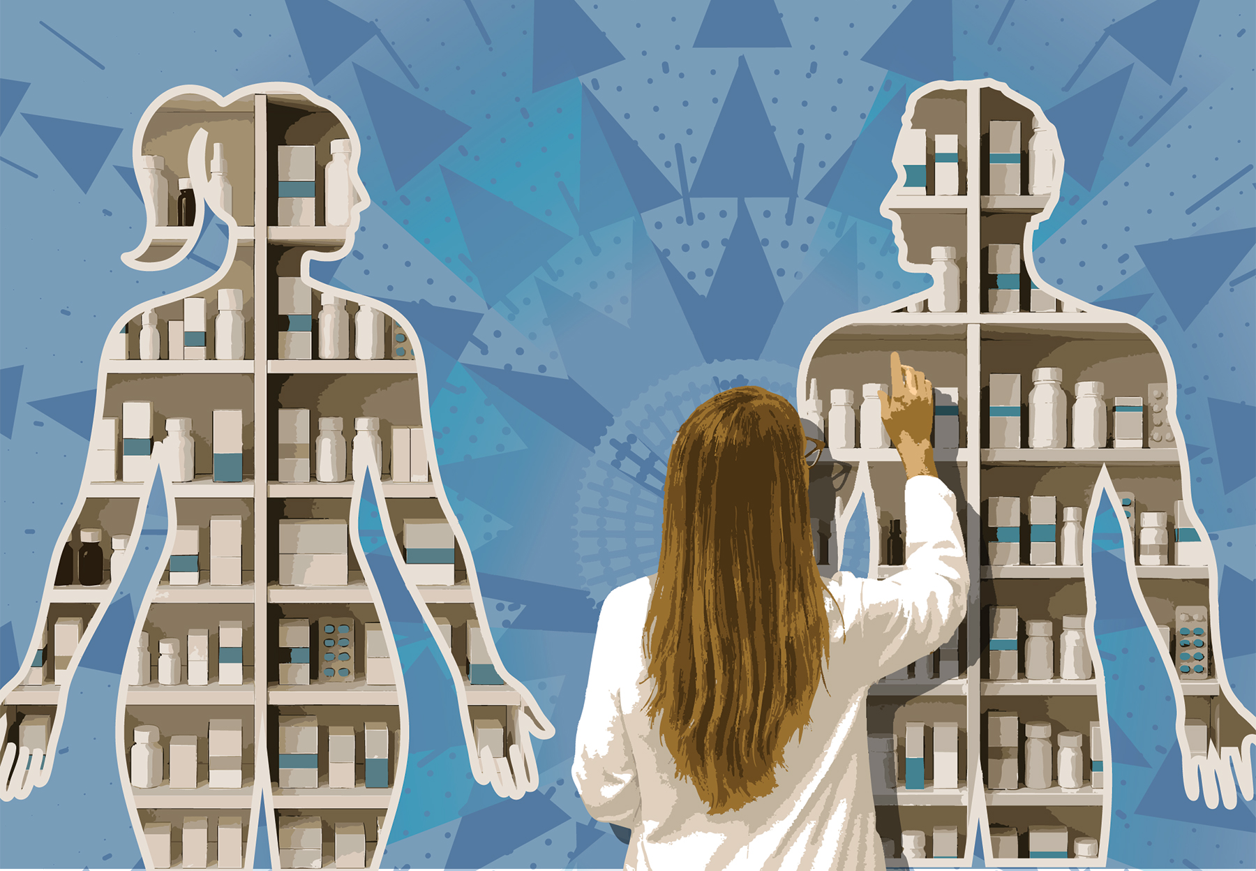 An illustration of a pharmacist with long hair who is facing away from the viewer against a blue patterned background. The pharmacist is selecting a pill bottle from a set of shelves that is shaped like the silhouette of a man. To the left of the pharmacist is another silhouette cut-out of a woman with shelves of pill bottles inside her as well.