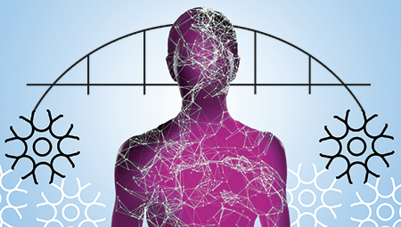 A purple silhouette of the upper half of a human body against a light blue background with a bridge pattern.