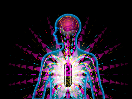 A drawn illustration shows a blue outline of a human body’s upper half against a black background. Inside the body is a large pill, from which many bright, colorful dots and triangles are radiating outward.