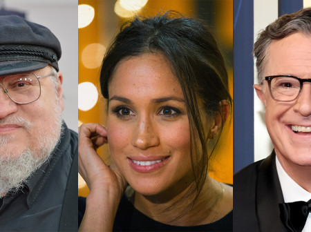 Headshots of Meghan Markle, George R.R. Martin, and Steven Colbert