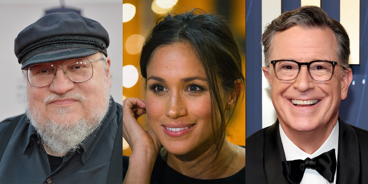 Headshots of Meghan Markle, George R.R. Martin, and Steven Colbert