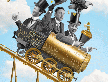 A photo illustration of Mark Zuckerburg, Elon Musk and Jeff Bezos riding together in a gold steam-engine train that has electrical circuit details on it and is spewing gold coins from its chimney. The train is on a track that is pointed downward at a steep angle. The men are wearing top hats and a bald eagle sits atop Bezos’ hat.