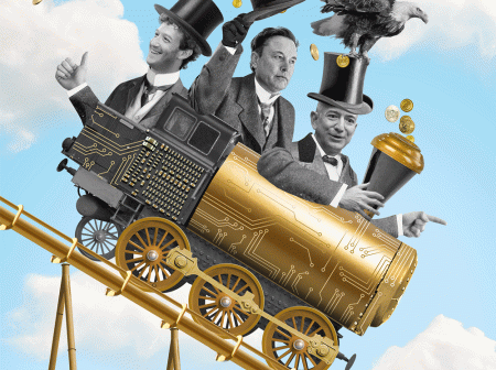 A photo illustration of Mark Zuckerburg, Elon Musk and Jeff Bezos riding together in a gold steam-engine train that has electrical circuit details on it and is spewing gold coins from its chimney. The train is on a track that is pointed downward at a steep angle. The men are wearing top hats and a bald eagle sits atop Bezos’ hat.