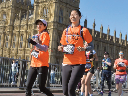 Monali Narayanaswami and Wendy Huang running side by side at the London Landmarks Half Marathon