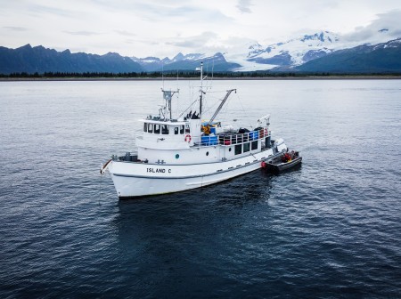 The research vessel Island C serves as a mother ship and platform for the Ocean Plastics Recovery Project's collection expeditions in southwest Alaska. The white vessel is anchored in open water. There is a small vessel tethered to the larger boat. Crew members wear yellow jackets. here are snow-capped mountains in the background. 